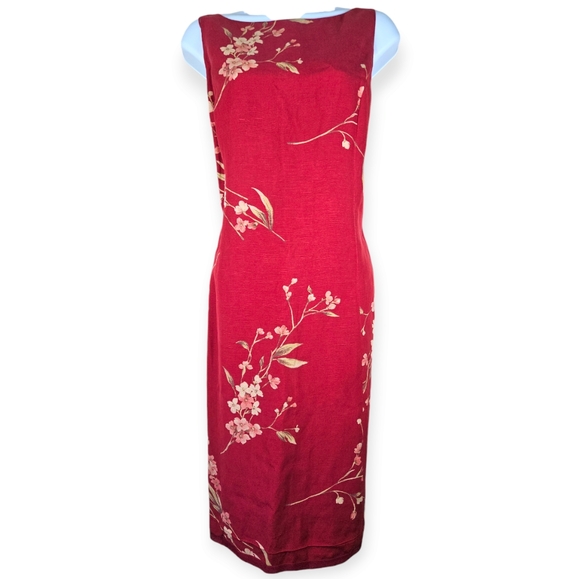 Jones New York Dresses & Skirts - Jones New York red tan pink floral silk linen sheath dress Womens 14